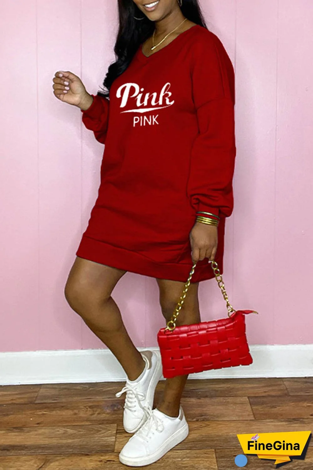 Blue Casual Letter Print Patchwork V Neck Long Sleeve Dresses