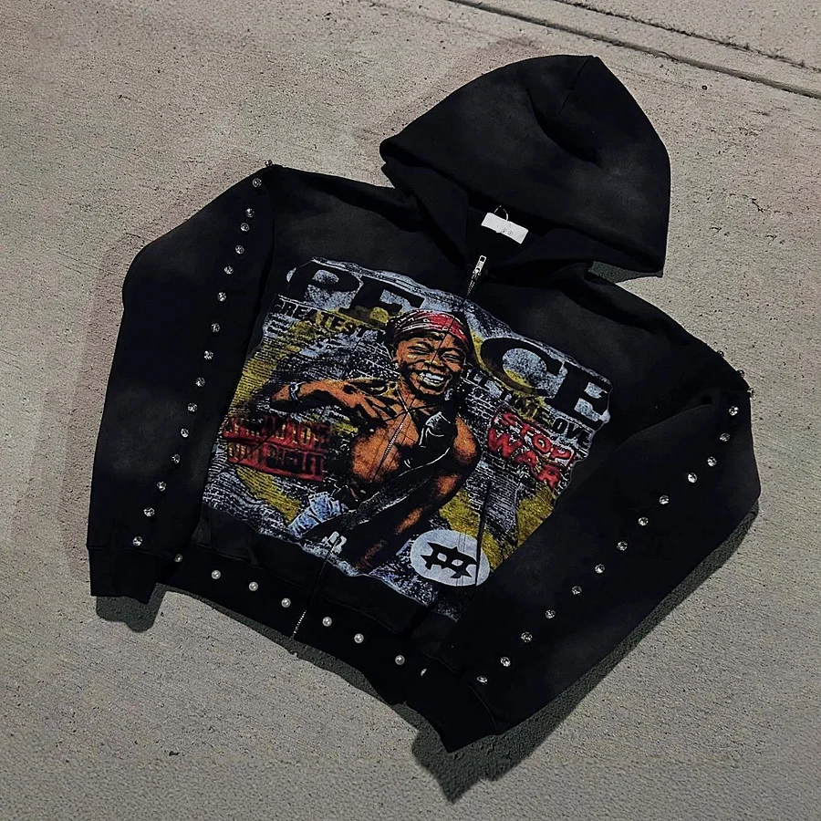 Personalized Peace Graffiti Rivets Pattern Warm Zip-up Hoodie