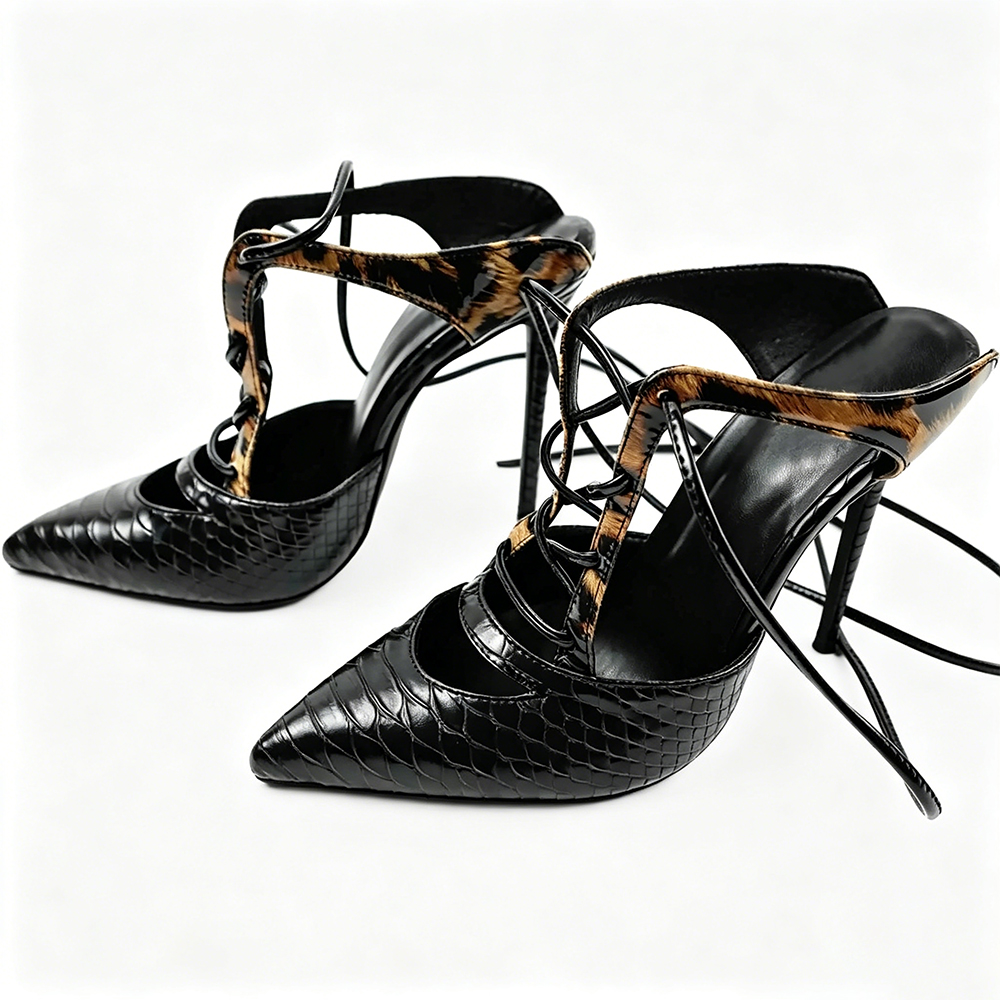Sexy Crocodile Cross Tie Sandals Women Summer Pointed Toe Leopard Bare Heel Sandals Ladies Trending Stiletto Heel Evening Shoes  highheelher