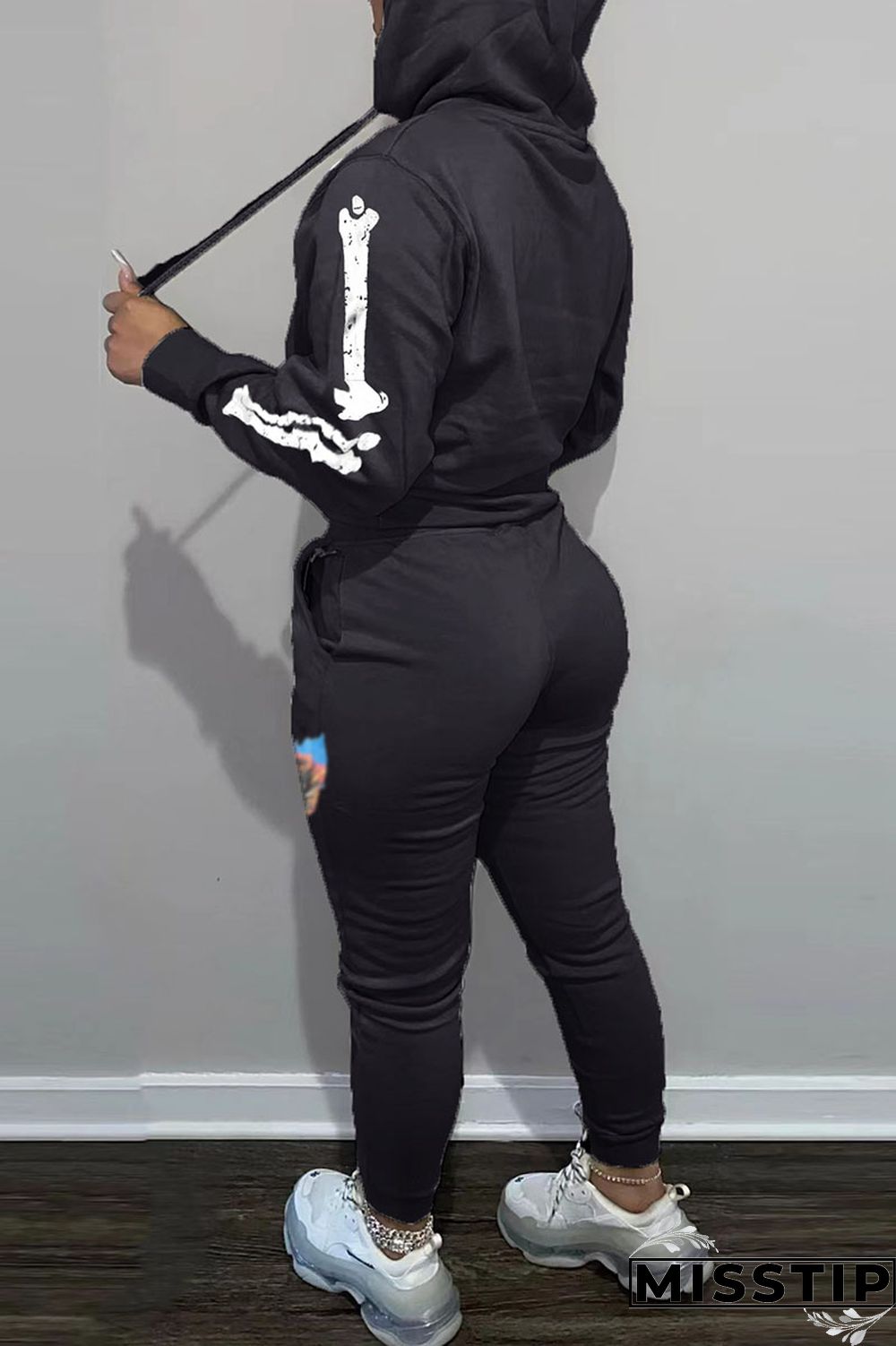 Black Casual Print Patchwork Hooded Collar Long Sleeve Two Pieces