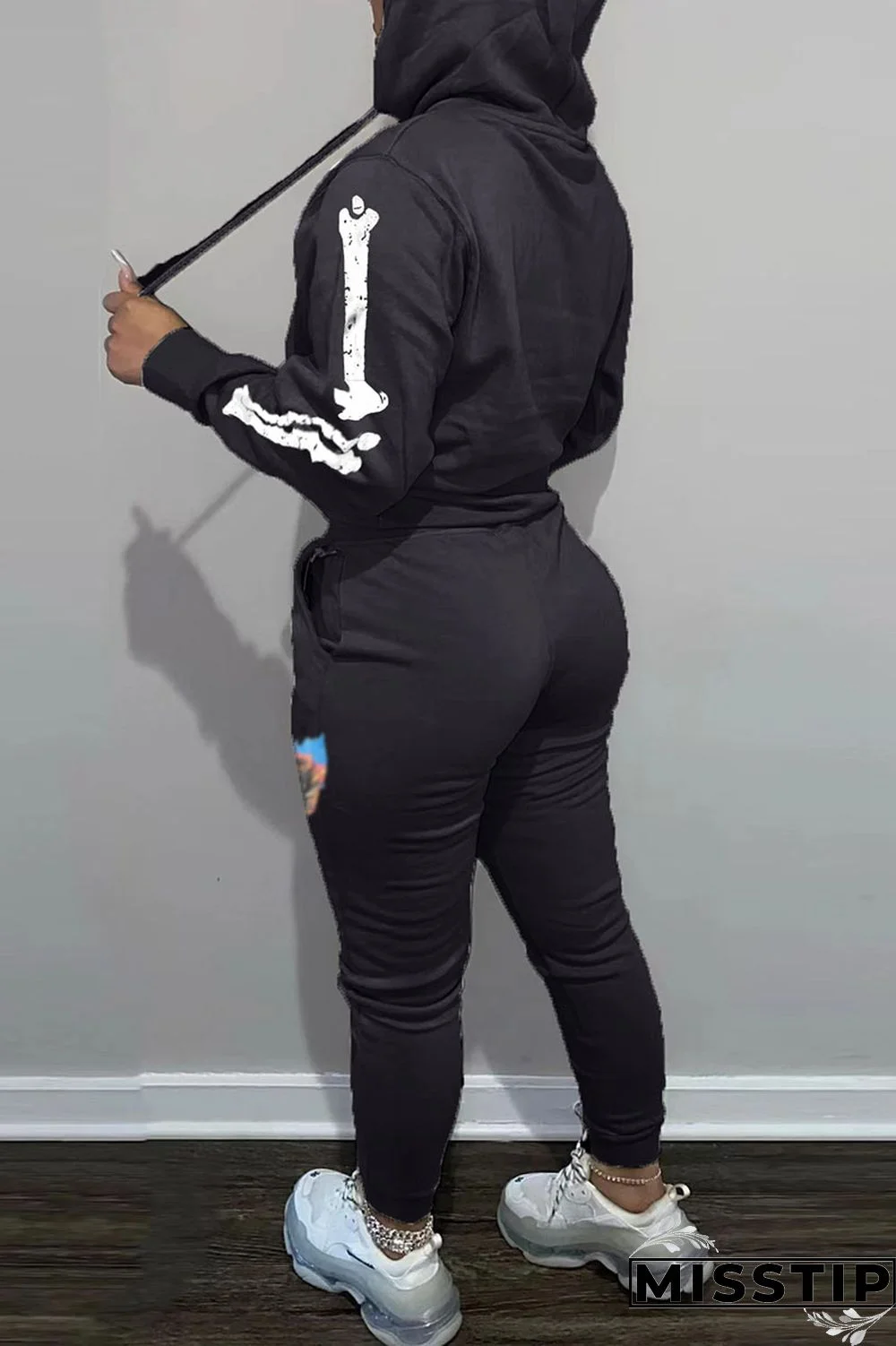 Black Casual Print Patchwork Hooded Collar Long Sleeve Two Pieces