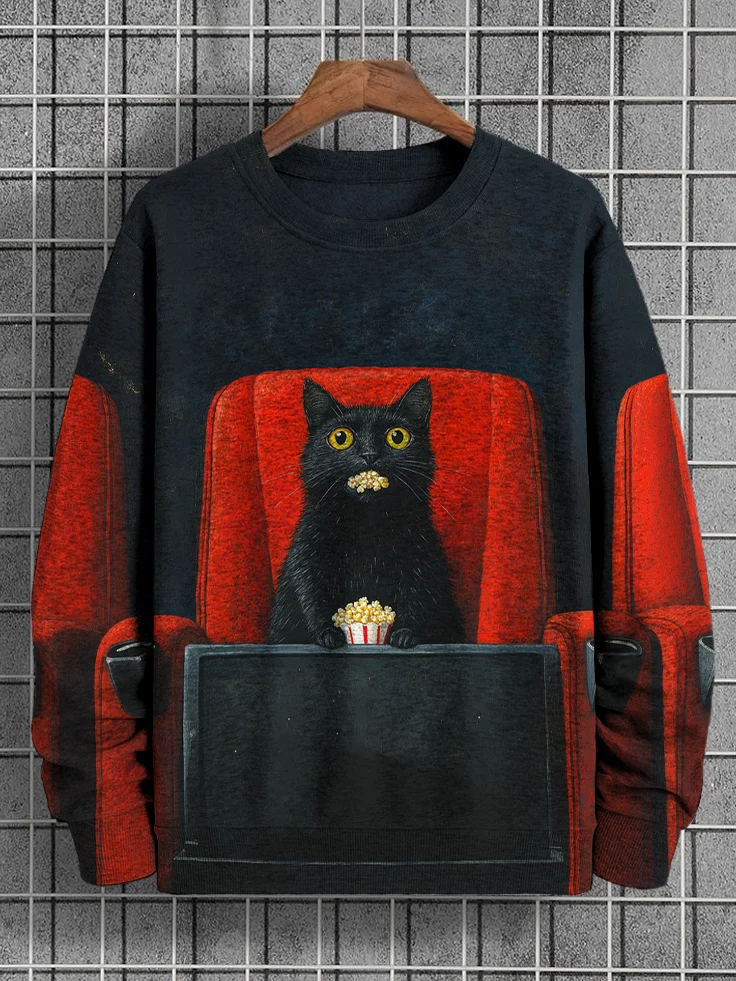 Men's Cat Eating Popcorn And Watching Horror Movie Art Print Casual Sweatshirt