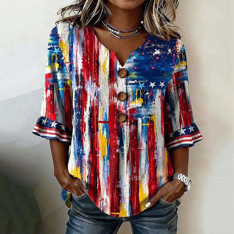 Women's Casual Retro Flag Print Button-down Shirt