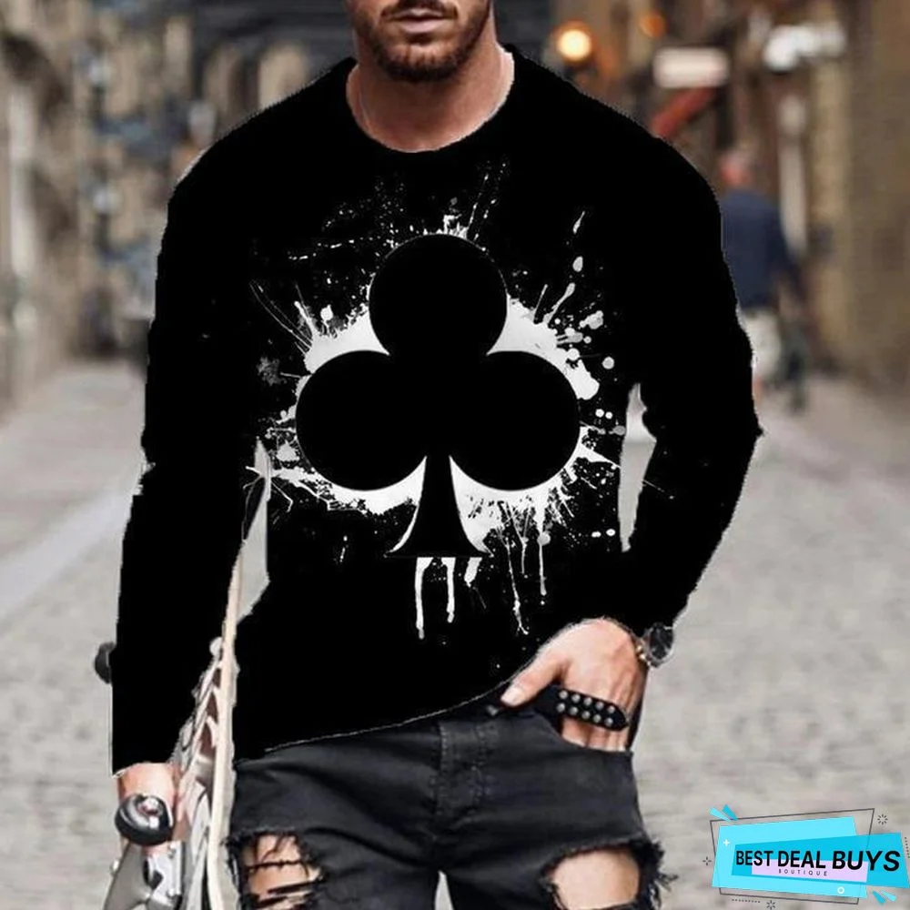 Men's Street Leisure Trend Poker Printed Flower Long Sleeve T-Shirt