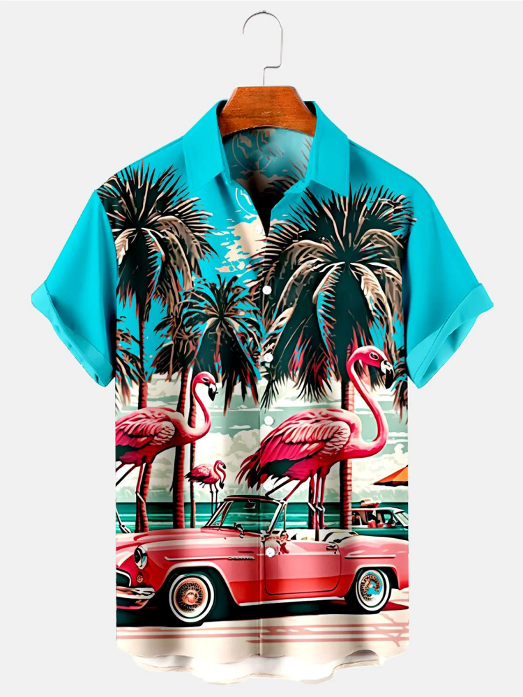 BrosWear Hawaiian Flamingo Car Print Men's Shirts With Pocket