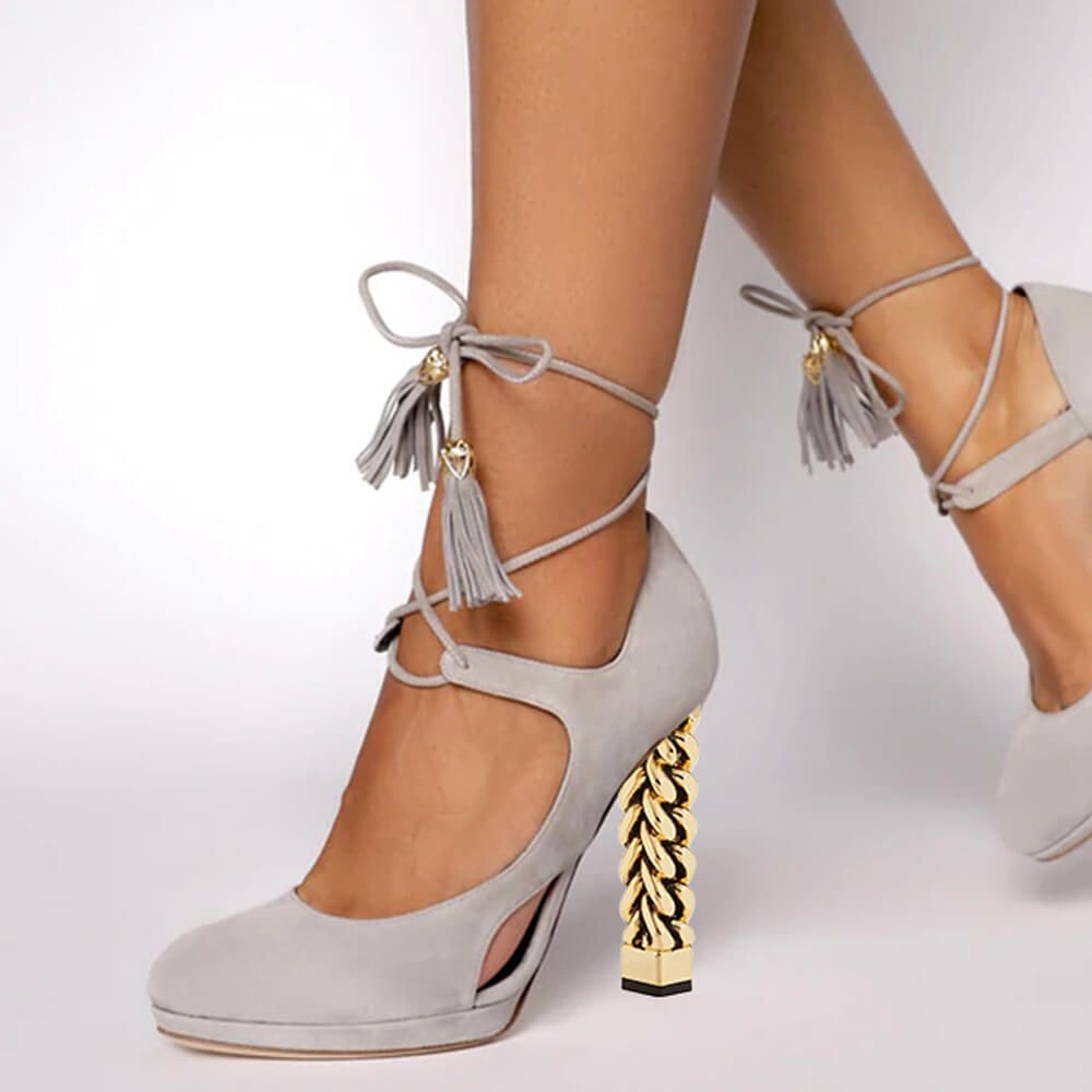 Gray Faux Suede Closed Toe Decorative Heel Lace Up Pumps with Tassels Nicepairs