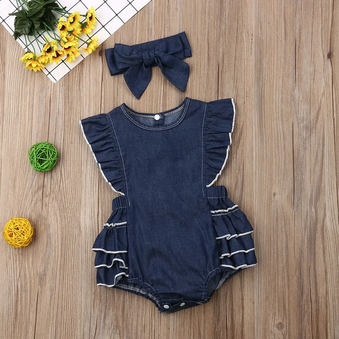 2019 Baby Summer Clothing 0-24M Infant Baby Girl Denim Blue Jumpsuit Headband 2Pcs Clothes Set Ruffles Short Sleeve Bodysuits