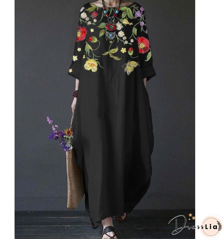 Summer Feminine Style Long Dress Round Neck Vintage Sweet Print Art Dress 3/4 Sleeve