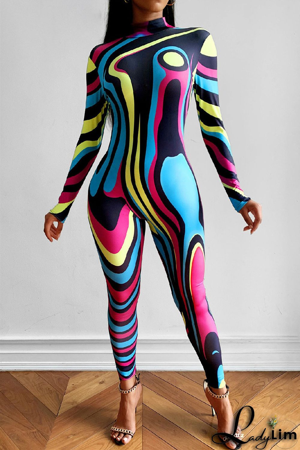 Black Fashion Casual Print Patchwork Half A Turtleneck Skinny Jumpsuits