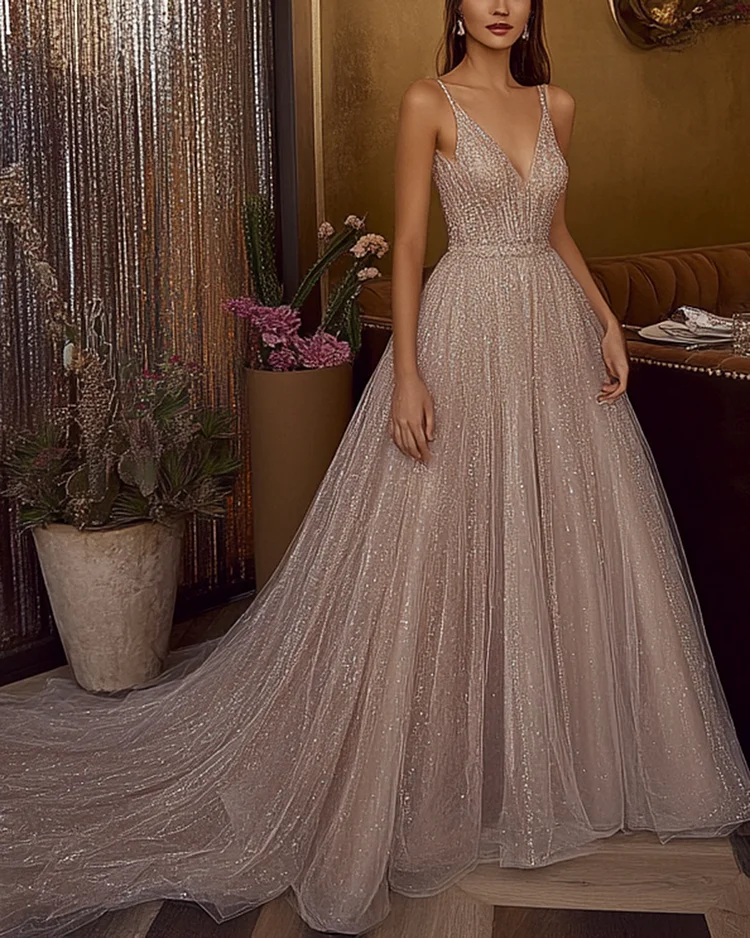 Women's Sleeveless V-neck Sequined Tulle Ball Dress