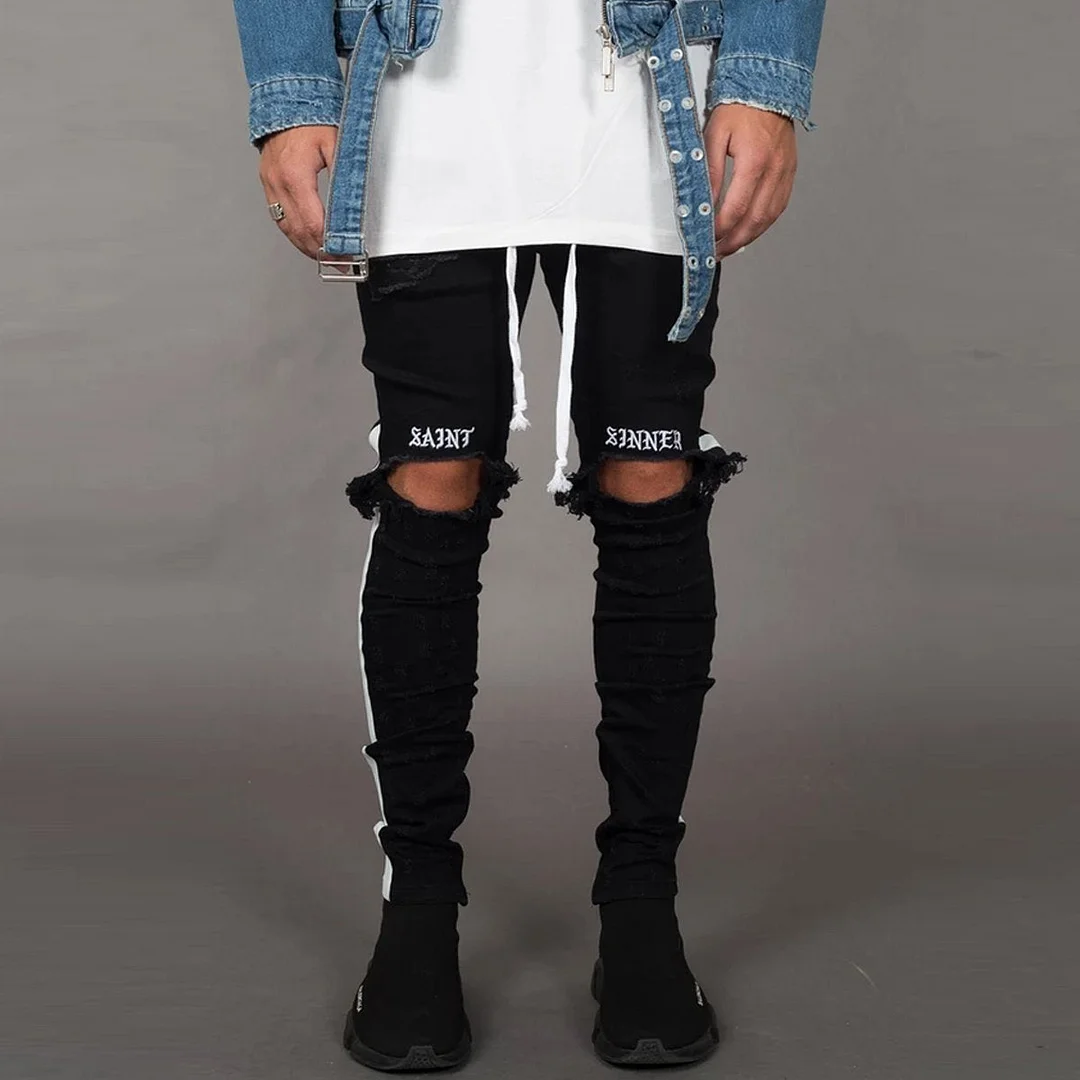 embroidered casual pants with holes on the knees