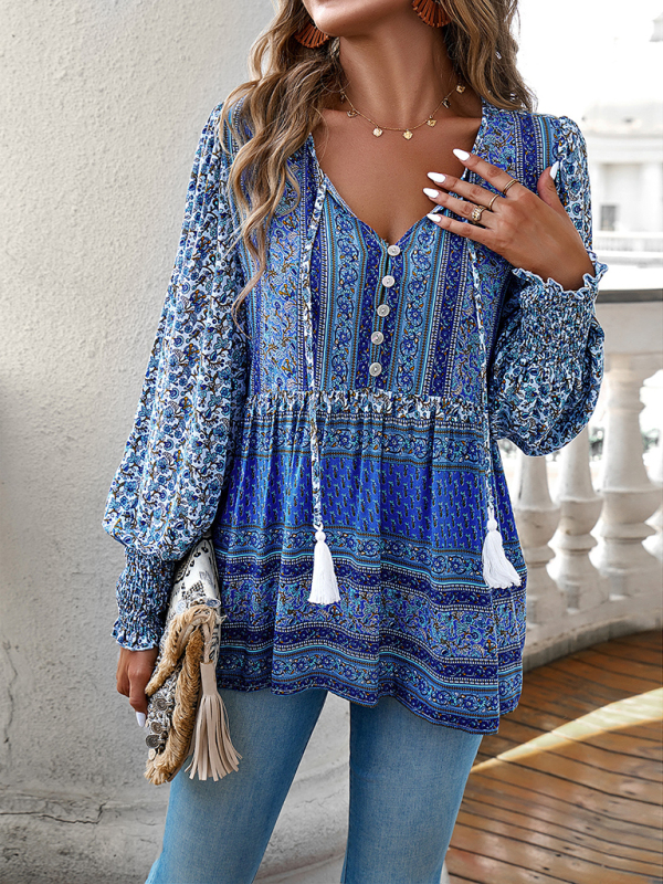 Mature Women Fashion Positioning Printed Button Bohemian Blouse Top
