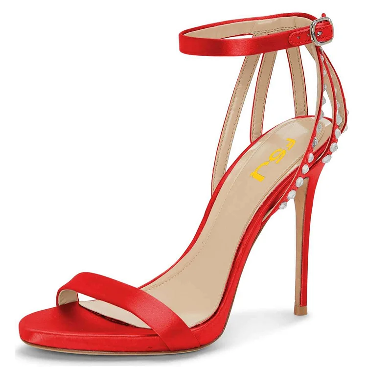 Red Open Toe Rhinestone Ankle Strap Stiletto Heels Sandals |FSJ Shoes