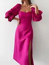 Solid Color Puff Sleeves Split-Side Sexy Slim Midi Dress