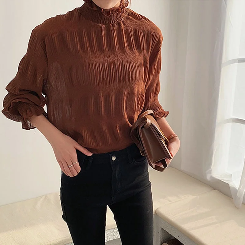 Camisas Mujer 2021 Spring and Summer Women Tops Long Sleeve Loose All-match Chiffon Shirts Bell Sleeve Shirt Base Shirt 9542