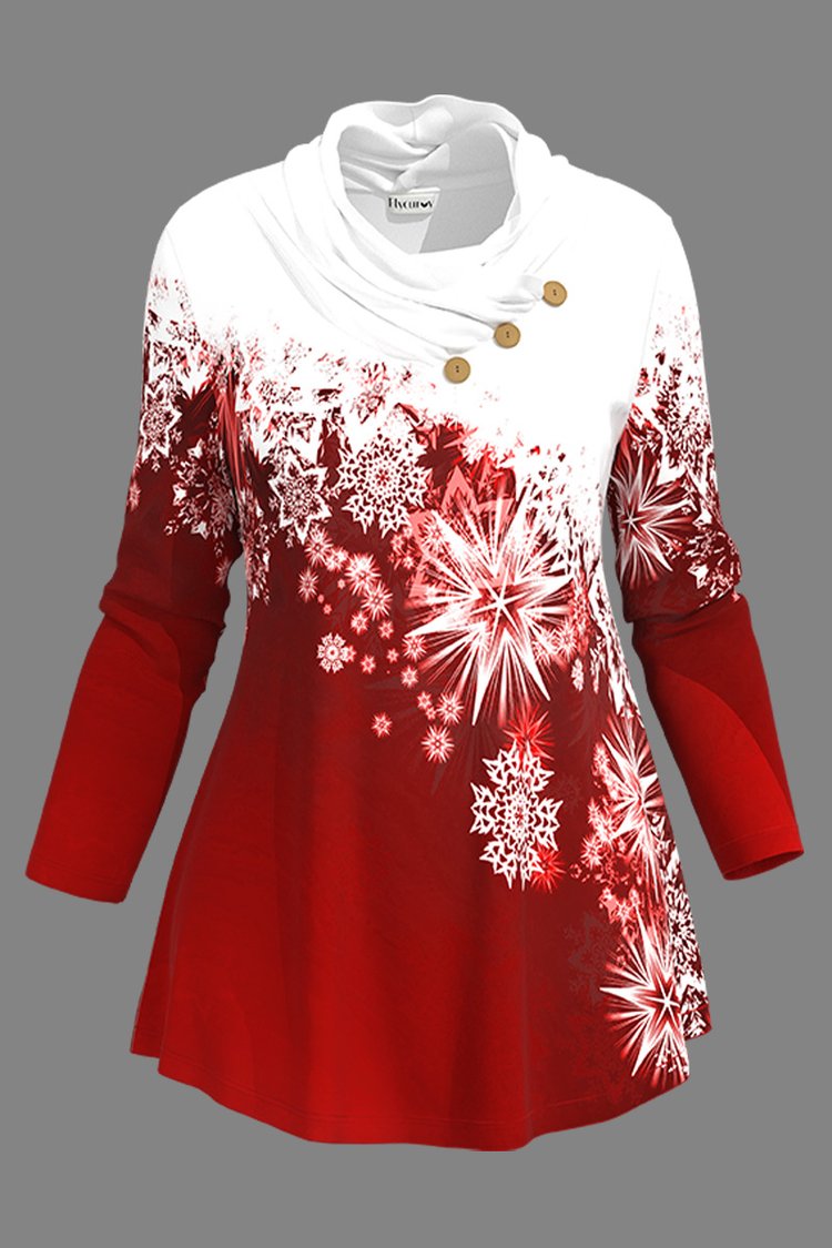 Flycurvy Plus Size Christmas Casual Red Ombre Buttons Snowflake Print Cowl Neck Blouse