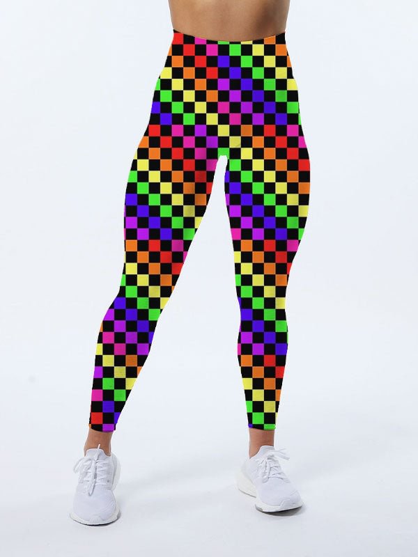 Black Rainbow Checkerboard Pattern Leggings