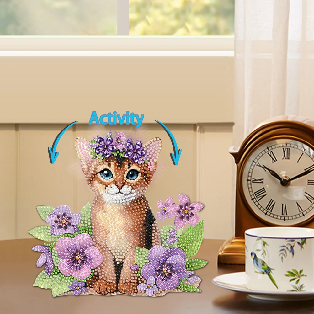 2D Flat Cat DIY Shaking Head Cat Purple Flower Diamond Painting Desktop Decor