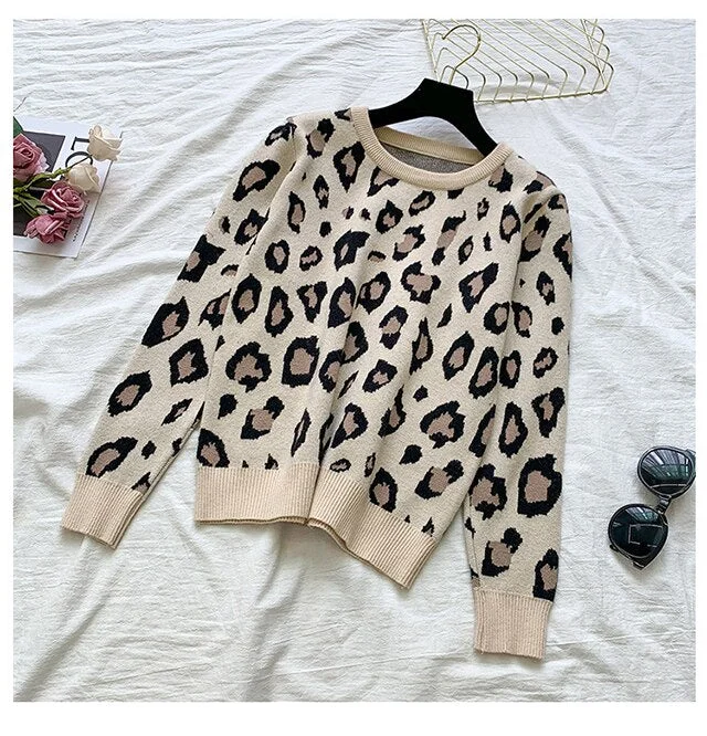 Women Leopard Knit Sweaters 2021 Autumn Winter Print Thick Long Sleeve Clothing Female O-Neck Vintage Pullovers Casual Tops PT30