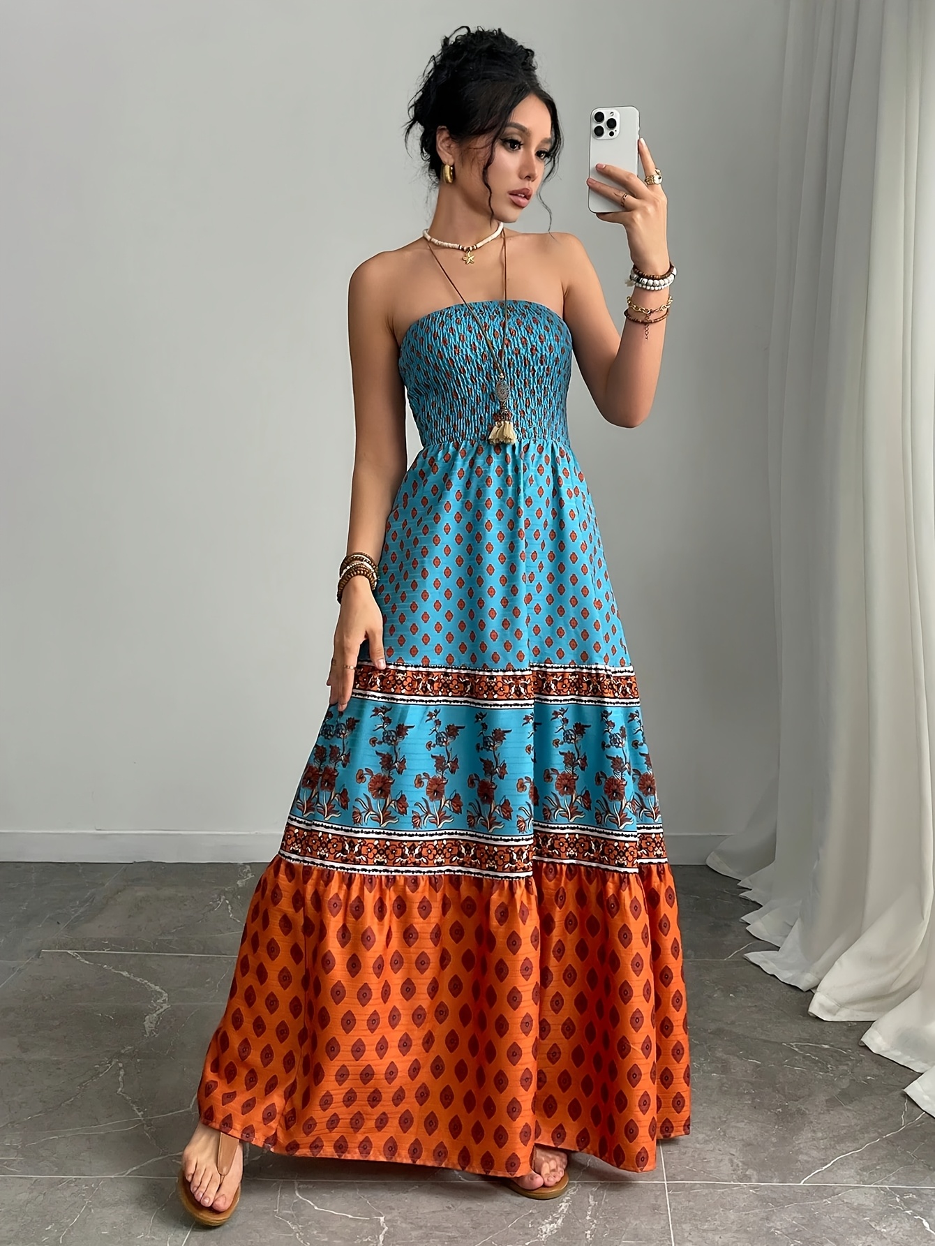 Vibrant Orange & Blue Floral Women's Maxi Dress | Off-Shoulder, A-Line Silhouette, Flowy & Elasticated Fit For Spring/Summer Vacation | IFYHOME