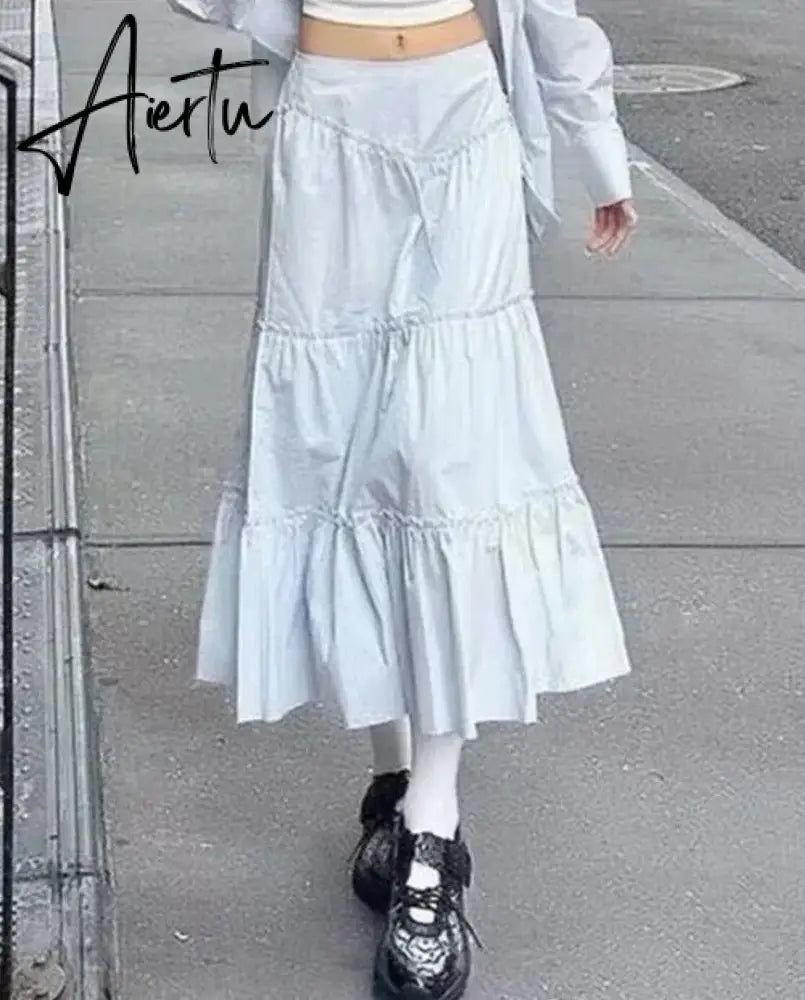 Aiertu  Casual Basic Solid A-Line Skirt Holiday Fashion Mid-Waisted Pleated Maxi Skirts Women  Autumn Winter Streetwear Aiertu