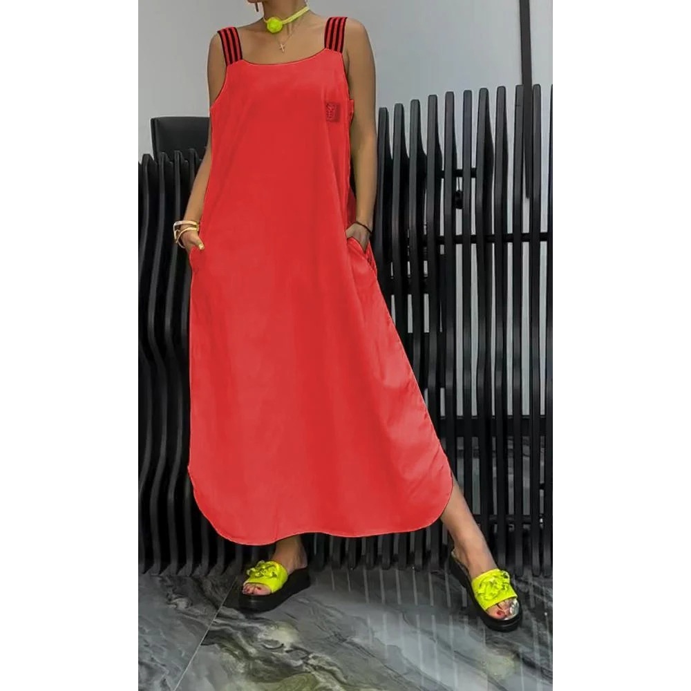 Mature Women Casual Summer Cotton And Linen Pocket Striped Shoulder Strap Skirt Dress
