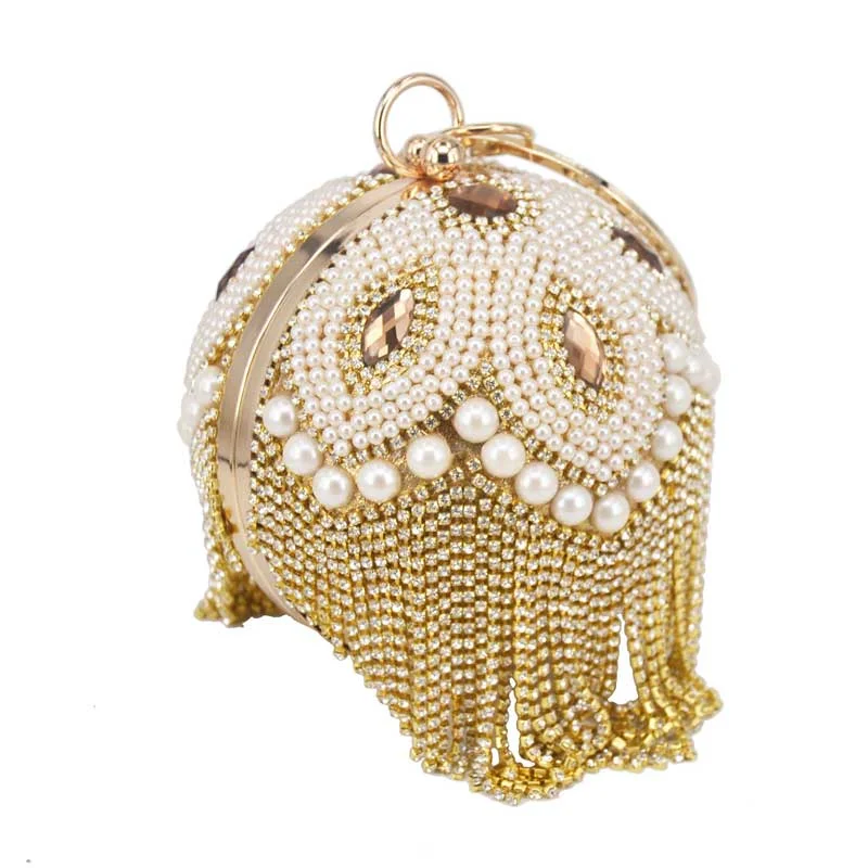 Bowling Design Pearl Clutch Bag circular ring Wristlets Bag Women Party Evening Bag Crystal tassels Ball Female wallet XQ-15