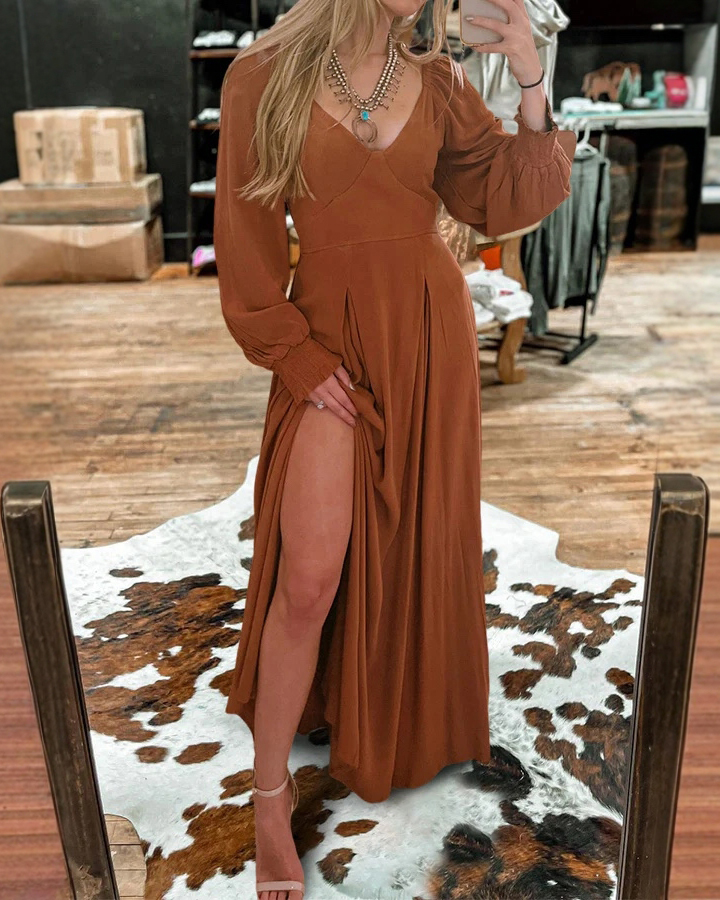High Split Deep-V Puffed Long Sleeve Maxi Dress