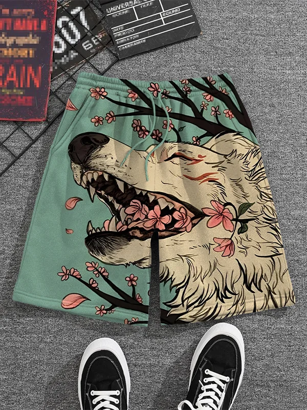 Men's Fox Demon Cherry Blossom Art Print Vacation Beach Shorts