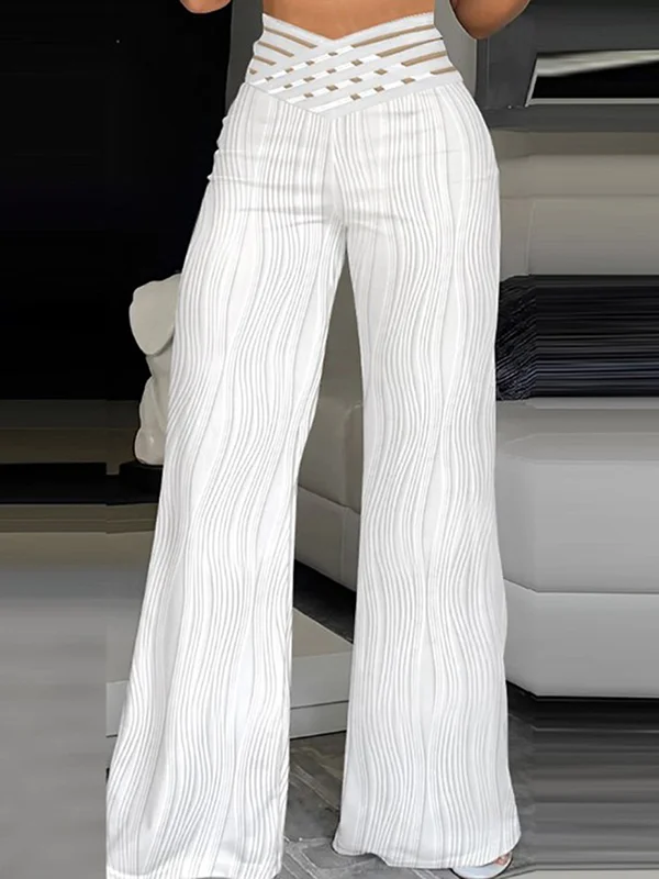 Loose Wide Leg Elasticity Hollow Pleated Solid Color Pants Trousers