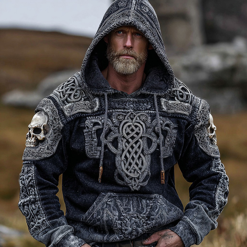 Viking Skull And Celtic Knot Inspired Tribal Distressed Washed Hoodie  artssus