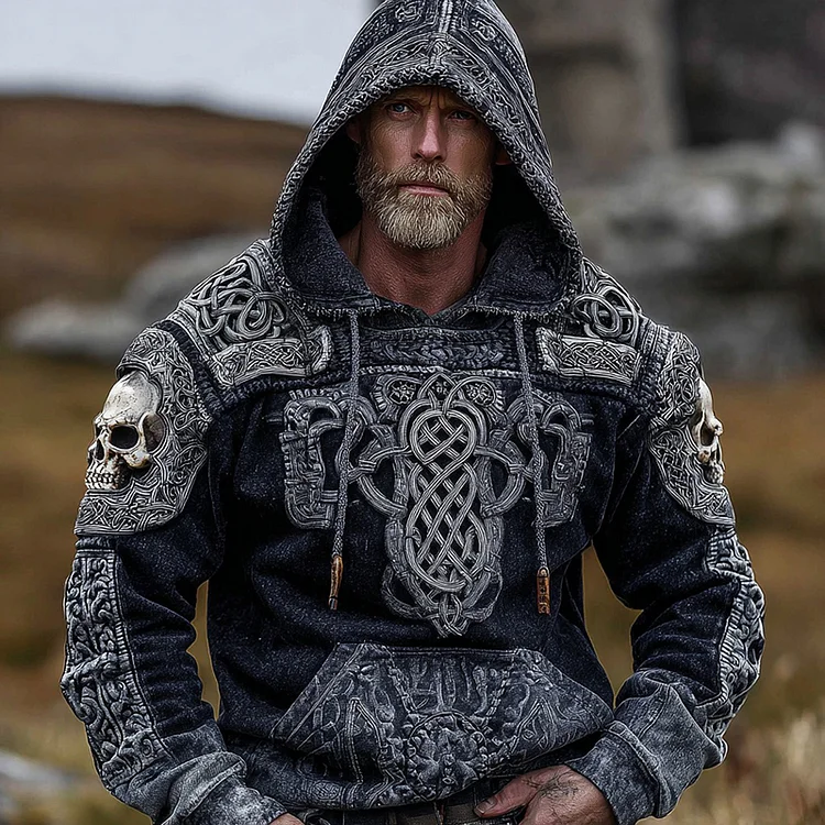 Viking Skull And Celtic Knot Inspired Tribal Distressed Washed Hoodie