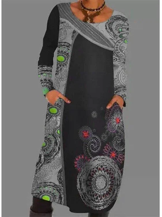 Vintage Crew Neck A-Line Dresses Black Dresses