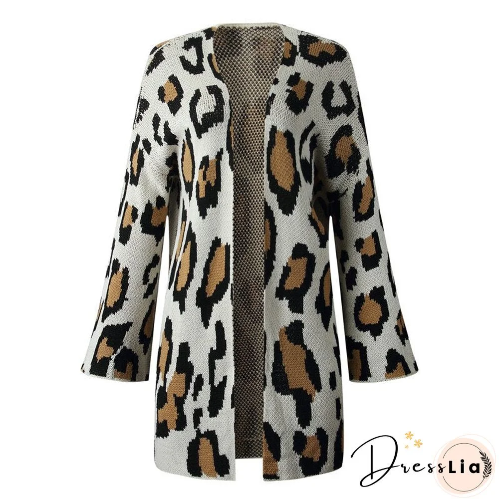 Cardigan for Women Leopard Long Cardigan Sweater Long Sleeve Loose Street Knitted Sweaters Coat Fashion Female Soft Cardigans