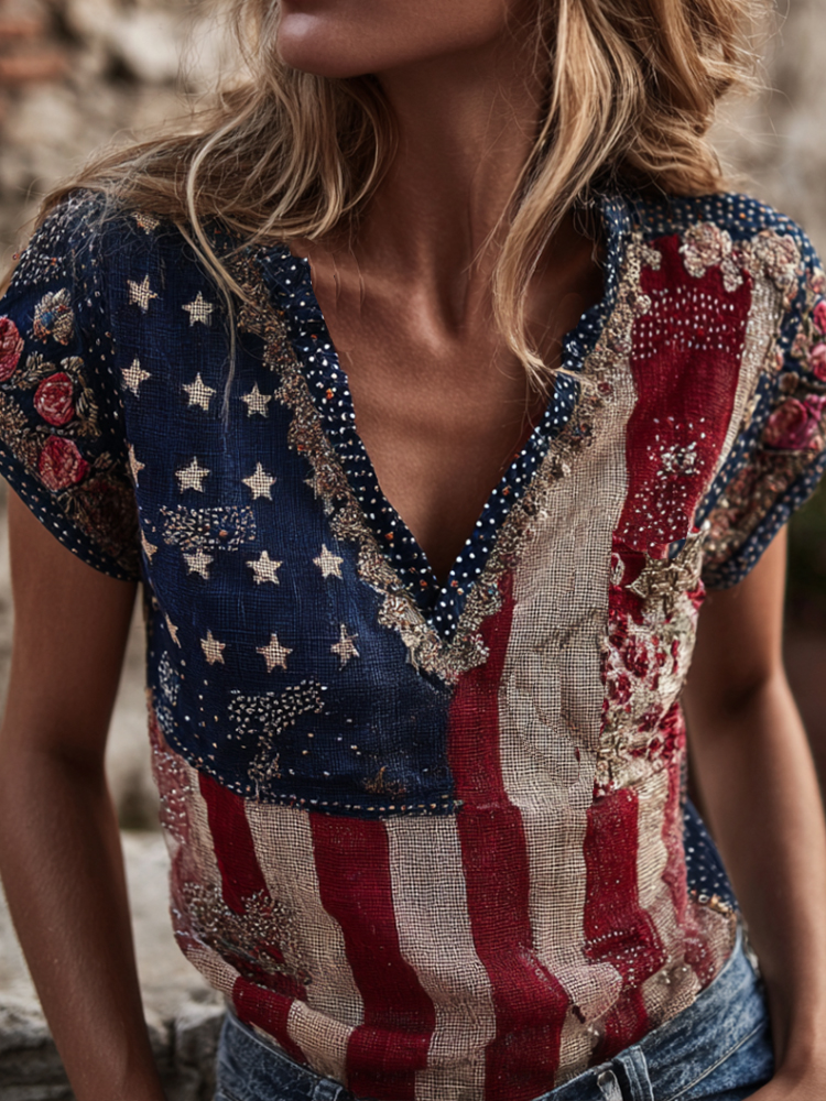  Vintage Floral And Flag Art Patchwork Casual V-neck Short Sleeve Top Westsshops