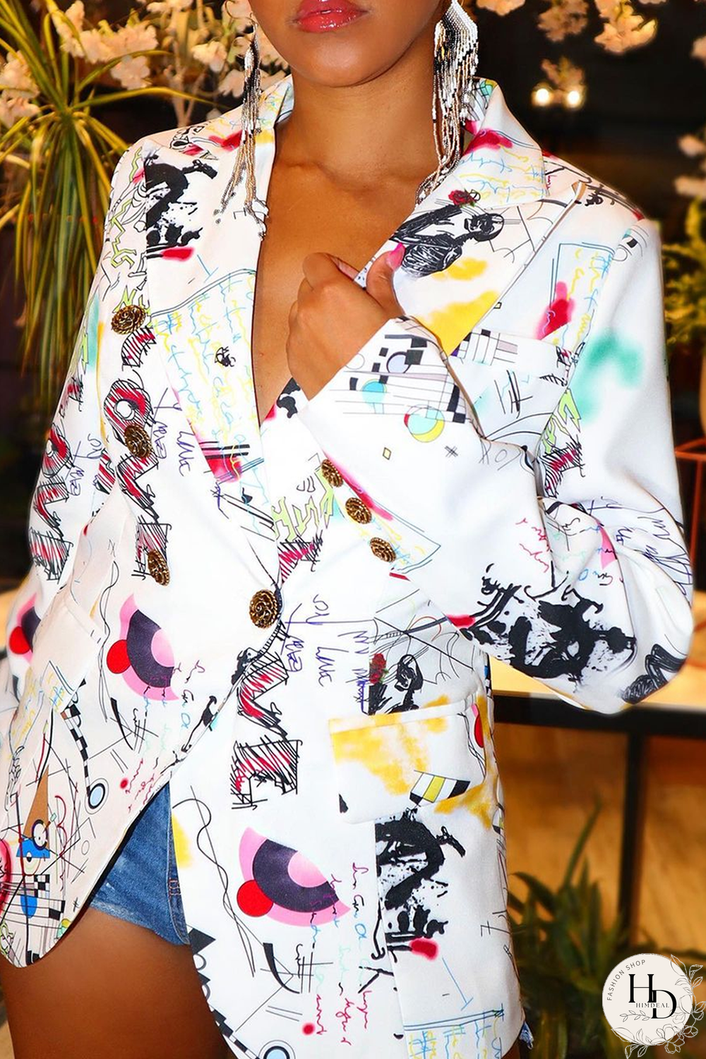 White Casual Print Split Joint Turndown Collar Outerwear