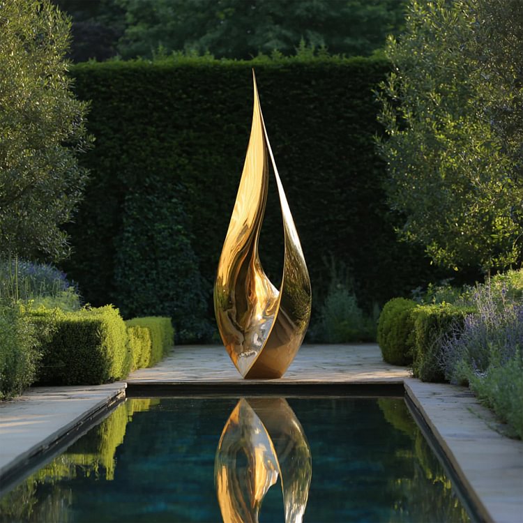 Golden Flame Polished Stainless Steel Abstract Sculpture for Luxury Gardens & Modern Outdoor Spaces