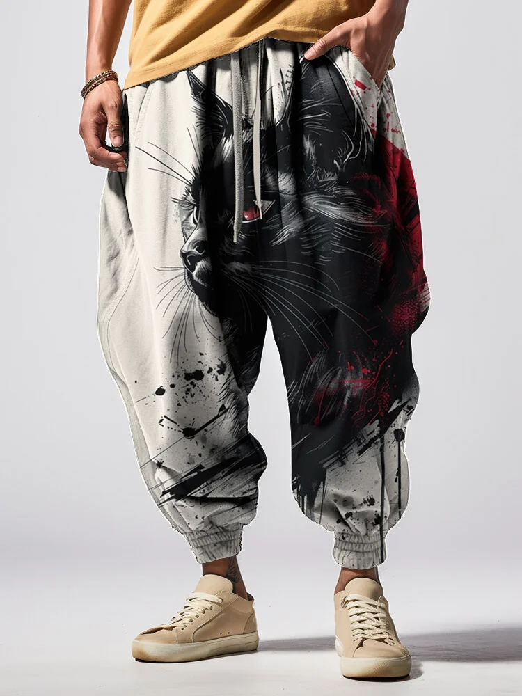 Men's Black Cat Ink Painting Japanese Art Print Loose Drawstring Waist Sweatpants
