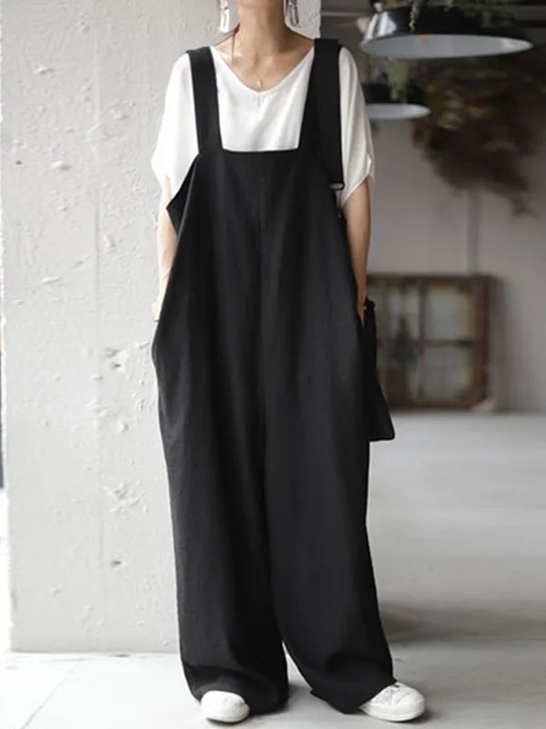 Minimalist Casual Roomy Pure Color Square-Neck Sleeveless Overalls