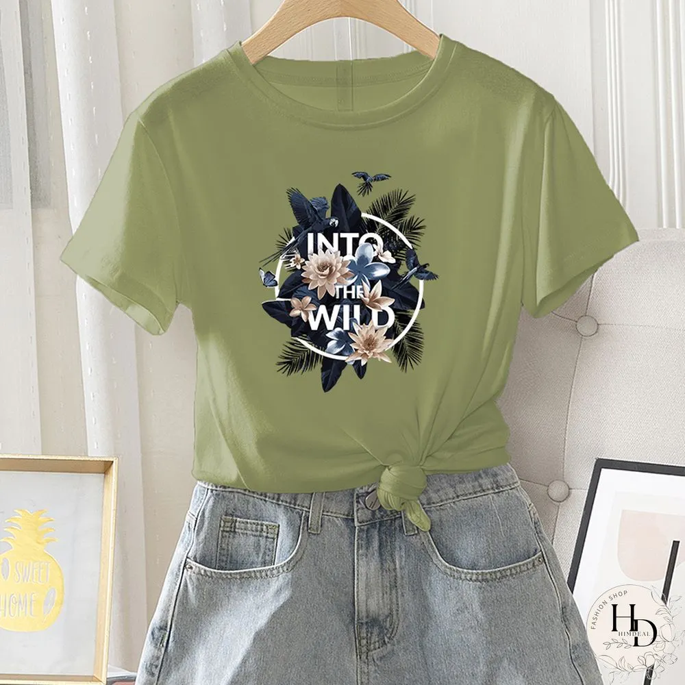 Womens Fashion Short Sleeve Summer Casual Regular T-Shirt Letter Flower Print Ladies