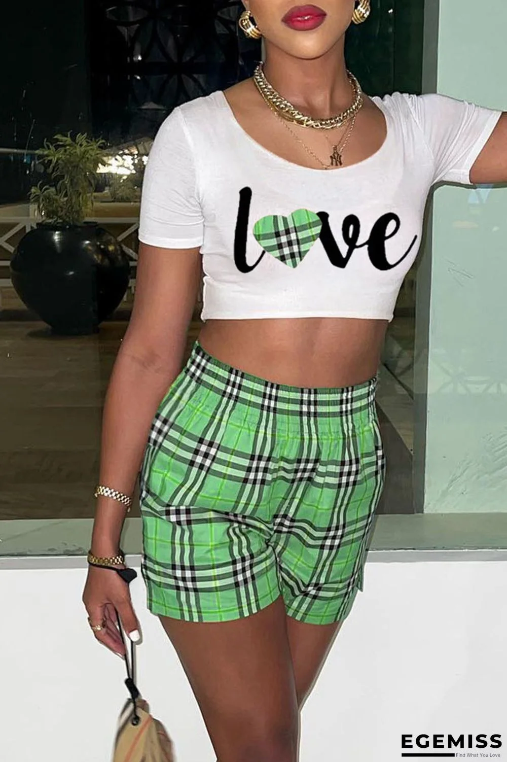 Green Casual Print Patchwork O Neck Short Sleeve Two Pieces | EGEMISS