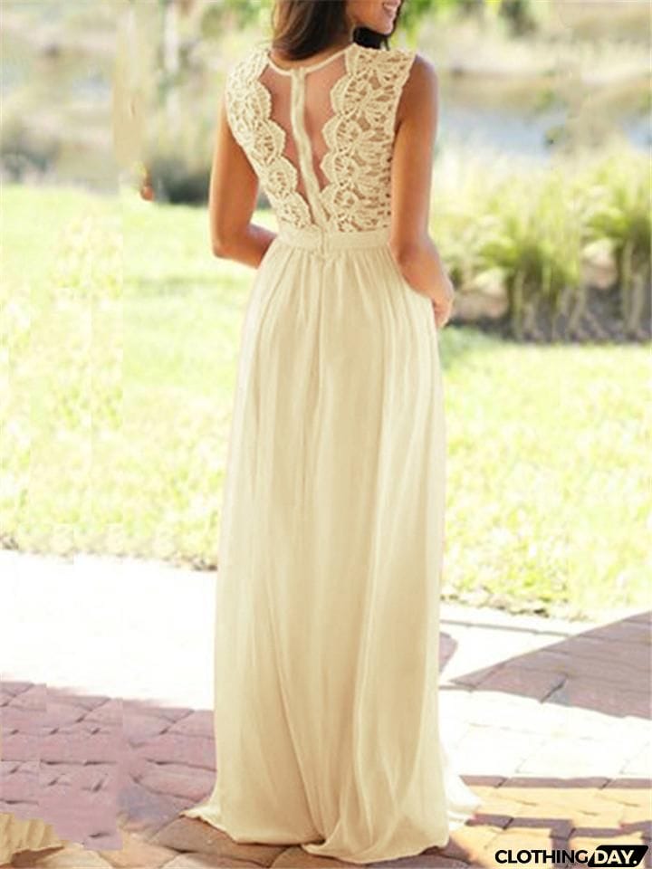 Flattering Fitted Waist Floral Lace Bodice Chiffon Dress for Prom