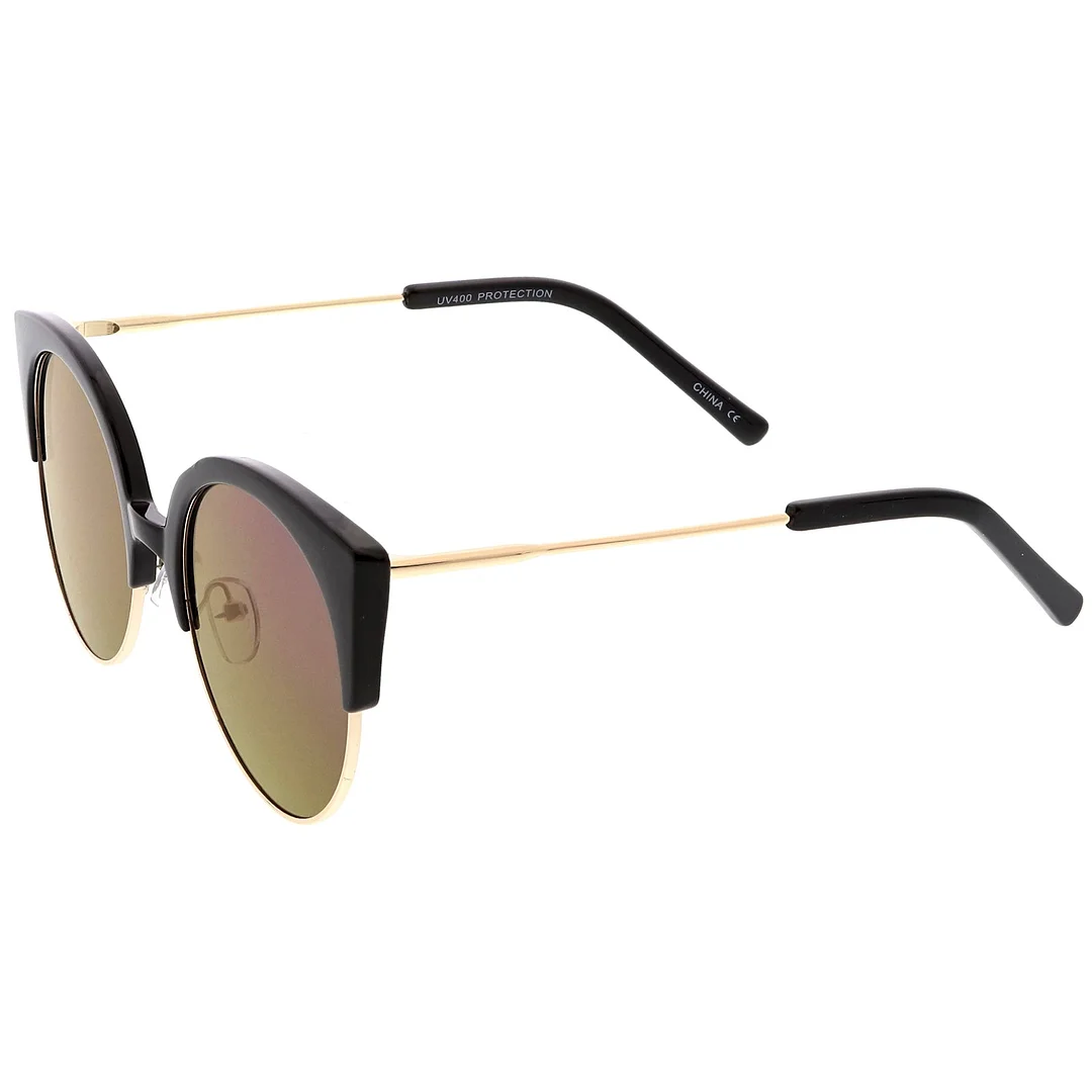 Women's Half Frame Cat Eye glasses Ultra Slim Arms Mirrored Round Flat Lens 53mm