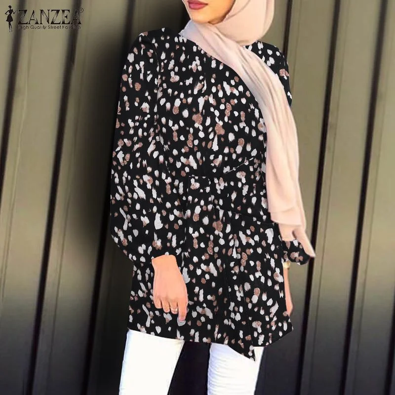 Women Casual Leopard Printed Blouse ZANZEA Elegant Party Muslim Shirt 2022 Long Sleeve Belted Chemise Dubai Turkey OL Tunic Tops
