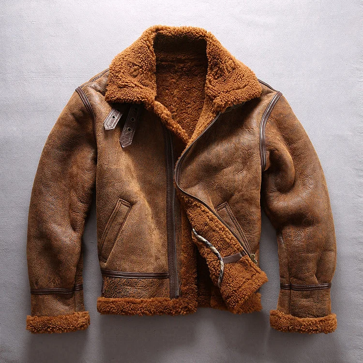 New Men Brown Shearling Pilot Jacket Casual Wool Liner Warm Coat