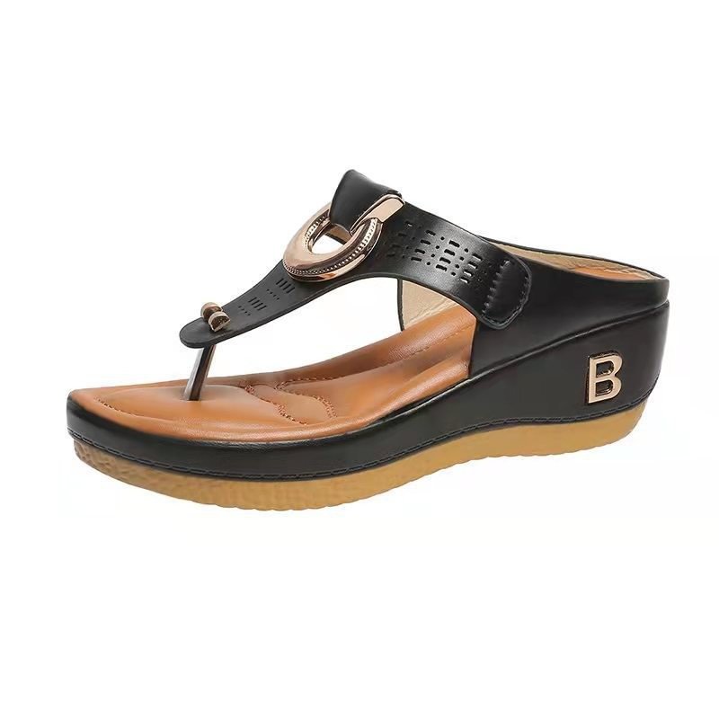 Thong Sandals Women High Heel Wedges Shoes Flip Flops Metal Decorative Slides Slippers-PABIUYOU- Women's Fashion Leader