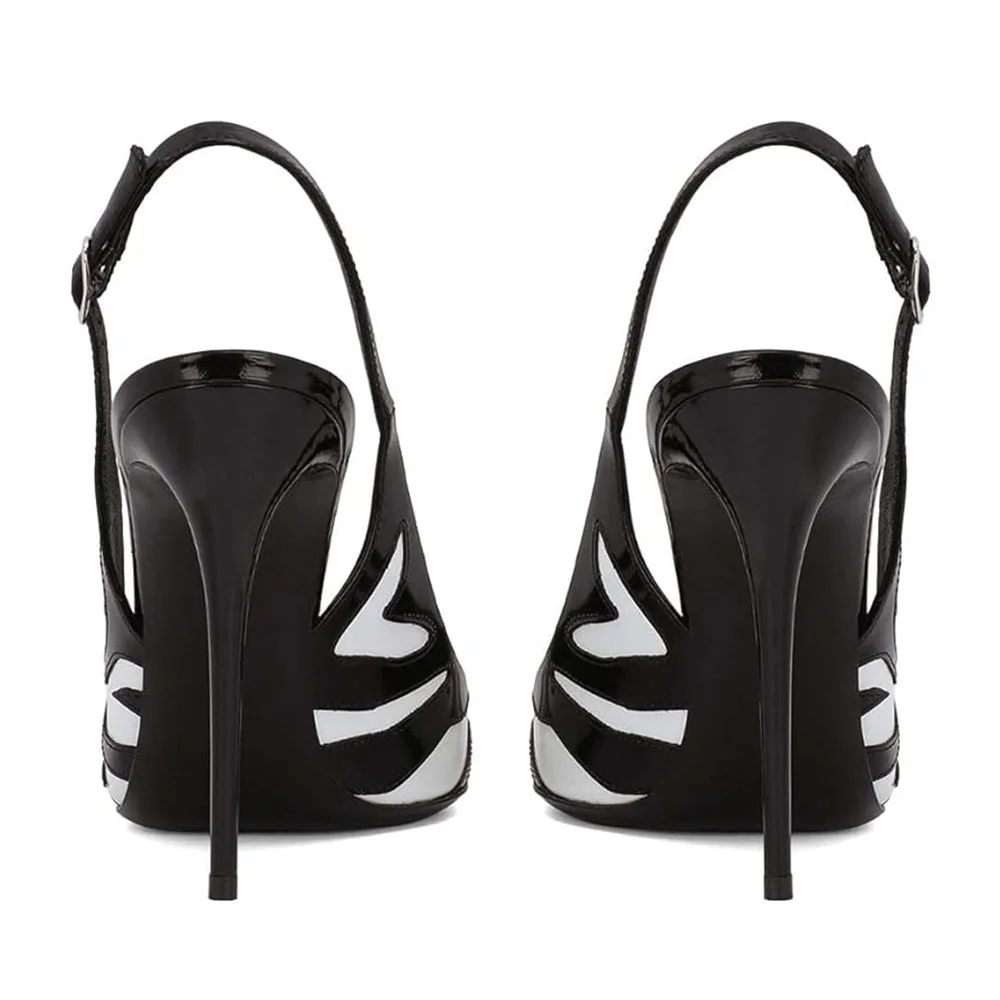 Women's Black & White Patchwork Inlay Pointed Toe Slingback Pumps