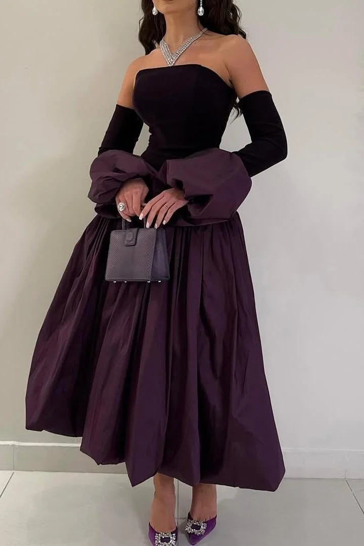 Miabel Glamorous Regency Satin A Line long Sleeves Strapless Prom Dress with Pleated 