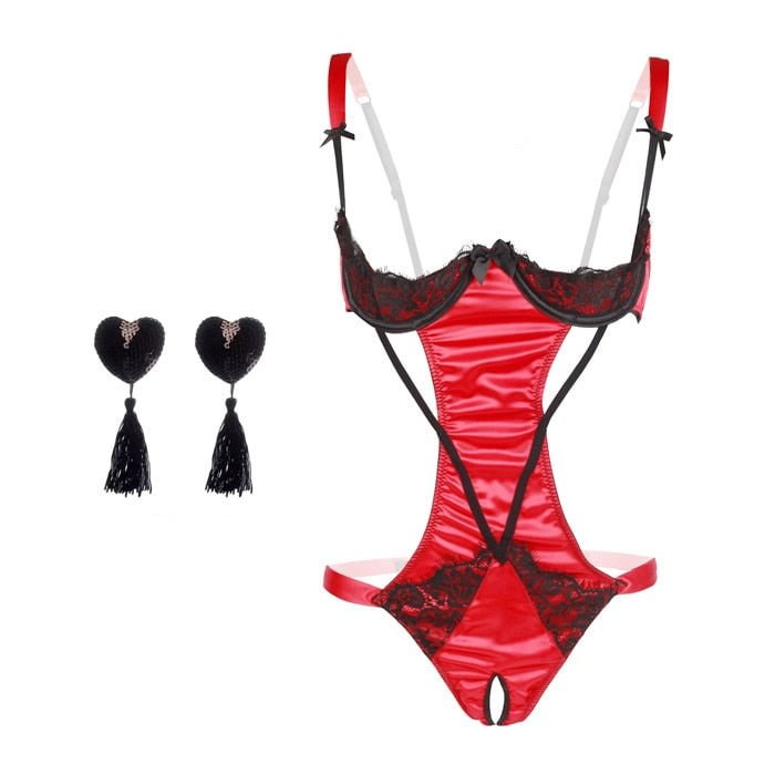 Lace Bow Backless Nightwear Teddy Lenceria Sexi Para Mujer Black Red Women Open Cupless Bra Crotchless Bodysuit Lingerie Sling