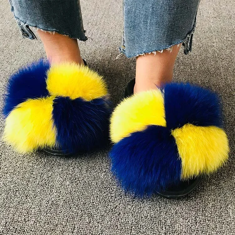 Hot Summer Women Fox Fur Slippers Real Fur Slides Female Indoor Flip Flops Casual Raccon Fur Sandals Furry Fluffy Plush Shoes